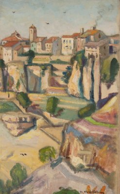 Spain, Cuenca, Evening, Cliffs, Houses — Oil painting, Plywood, 38.00×61.00cm — Theodoros Markellos